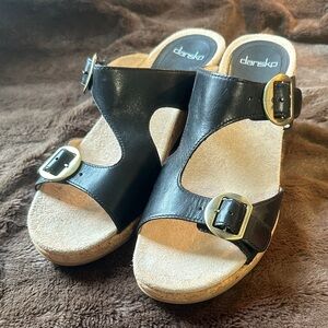 Dansko Carla Wedge Black Leather Buckle Sandals